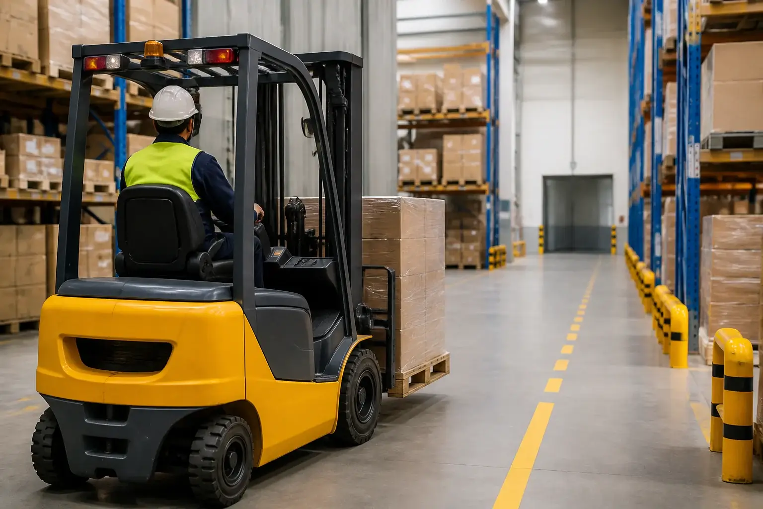 Empilhadeira genérica transportando palete centralizado em ambiente industrial
