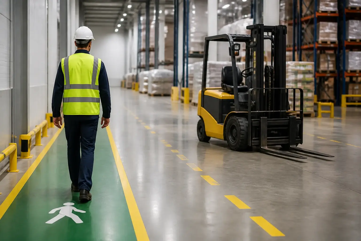 Faixa de pedestres separada de empilhadeira genérica em armazém industrial